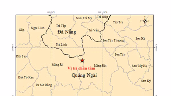 Bản đồ tâm chấn trận động đất có độ lớn 3.5 tại xã Măng Bút, tỉnh Quảng Ngãi. (Ảnh: Viện Các khoa học Trái đất cung cấp)