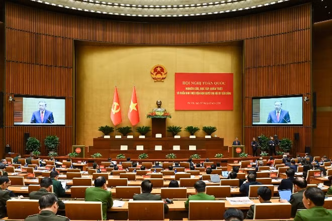 Hội nghị toàn quốc nghiên cứu, học tập, quán triệt thực hiện Nghị quyết Đại hội XIV của Đảng. (Ảnh: DUY LINH)