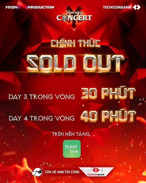 Ban tổ chức công bố hết vé sau chưa đầy 1 giờ đồng hồ mở bán. Ban tổ chức công bố hết vé sau chưa đầy 1 giờ đồng hồ mở bán.