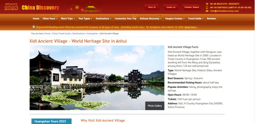 Thông tin bán vé vào cổng ngôi làng di sản Tây Đệ. (Ảnh chụp màn hình)