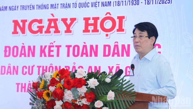 Chủ tịch nước Lương Cường phát biểu, nói chuyện với nhân dân thôn Bảo An, xã Gò Nổi, thành phố Đà Nẵng. (Ảnh: Mạnh Xuân)