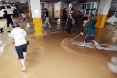Người dân dọn nước lũ tại một cơ sở y tế ở tỉnh Jeolla Nam, Hàn Quốc, ngày 4/8/2025. (Ảnh: Yonhap/TTXVN)