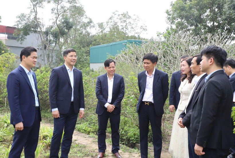 Thứ trưởng Thường trực Bộ Y tế Vũ Mạnh Hà và Phó Bí thư Thường trực Tỉnh ủy Thanh Hóa Nguyễn Hồng Phong cùng đoàn công tác thăm vườn ươm của Trung tâm Nghiên cứu dược liệu Bắc Trung Bộ.