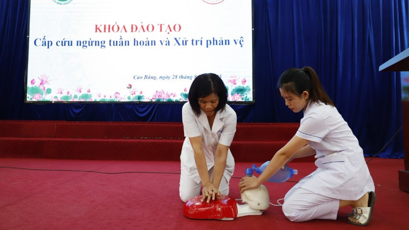 Nhân viên y tế tham gia khóa đào tạo cấp cứu ngừng tuần hoàn và xử trí phản vệ. 