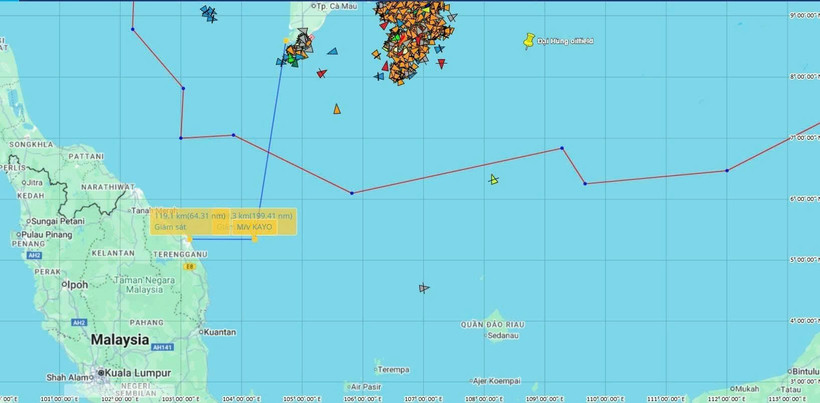 Vị trí tàu KAYO bị sự cố trên vùng biển Malaysia.