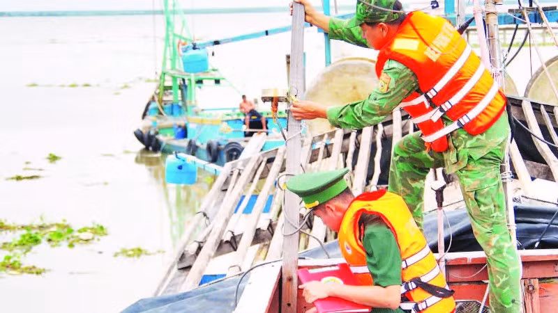 Bộ đội Biên phòng Đồng Tháp kiểm tra hệ thống giám sát hành trình trên một tàu cá ở tỉnh Đồng Tháp.