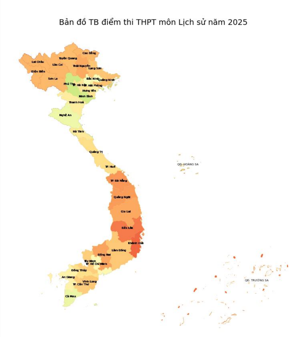 Bản đồ điểm trung bình thi môn Lịch sử Kỳ thi tốt nghiệp THPT năm 2025 (Nguồn: Bộ Giáo dục và Đào tạo) s1.png