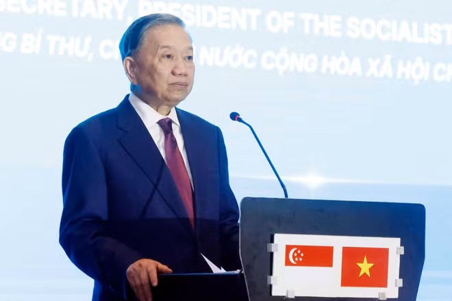 Tổng Bí thư, Chủ tịch nước Tô Lâm phát biểu tại Diễn đàn Kết nối công nghệ Việt Nam-Singapore. (Ảnh: Thống Nhất/TTXVN)