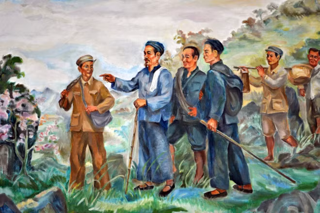 Ngày 28/1/1941, lãnh tụ Nguyễn Ái Quốc và các đồng chí Lê Quảng Ba, Phùng Chí Kiên, Thế An, Đặng Văn Cáp, Hoàng Văn Lộc vượt qua mốc 108 biên giới Việt Nam-Trung Quốc về đến Pác Bó (xã Trường Hà, Hà Quảng, Cao Bằng cũ), một nơi “bí mật” có “hàng rào quần chúng bảo vệ và có đường rút lui”. Nguồn: Bảo tàng Hồ Chí Minh.