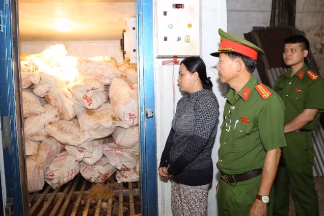 Lực lượng chức năng kiểm tra kho bảo quản lợn chết của Lê Thị Bích Phượng.
