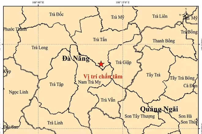 Bản đồ tâm chấn trận động đất mạnh 3.1 tại xã Trà Tân, Thành phố Đà Nẵng. (Ảnh: Viện các Khoa học Trái đất)