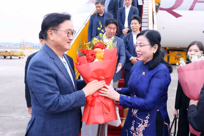Chủ nhiệm Ủy ban Khoa học, Công nghệ và Môi trường của Quốc hội Nguyễn Thanh Hải đón Chủ tịch Quốc hội Hàn Quốc Woo Won Shik và Phu nhân tại sân bay Quốc tế Nội Bài. (Ảnh: Phạm Kiên/TTXVN)