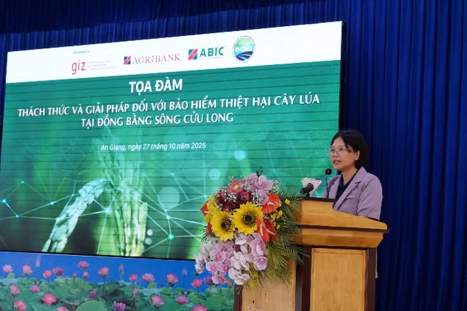 Bà Đinh Thị Hoa, Trưởng phòng Giảm nghèo và An sinh xã hội phát biểu tại tọa đàm. 