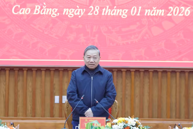 Tổng Bí thư Tô Lâm phát biểu tại buổi làm việc với Ban Chấp hành Đảng bộ tỉnh Cao Bằng. (Ảnh: Thống Nhất/TTXVN)
