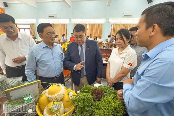 Lãnh đạo Sở Công thương tỉnh Vĩnh Long và GO! tham quan sản phẩm OCOP. 
