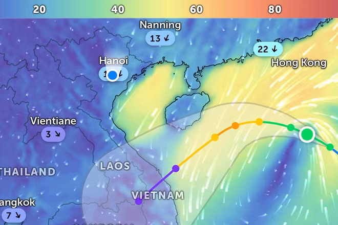 Vị trí bão số 12 lúc 8 giờ 15 phút sáng 20/10. (Ảnh Zoom Earth)