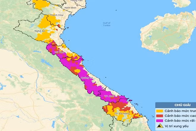 Bản đồ nguy cơ lũ quét, sạt lở đất đá trên các khu vực. (Nguồn: Trung tâm Dự báo khí tượng thủy văn quốc gia)
