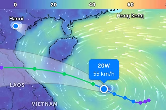 Vị trí áp thấp nhiệt đới lúc 6 giờ 55 phút. (Ảnh: Zoom Earth).