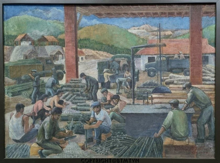 Tác phẩm Công nhân Hà Tu vót chông, sơn dầu, sáng tác năm 1978, của hoạ sĩ vùng mỏ Ngô Phương Cúc. (Nguồn Bảo tàng MTVN) cong-nhan-ha-tu-vot-chong-ngo-phuong-cuc-son-dau-1978.jpg