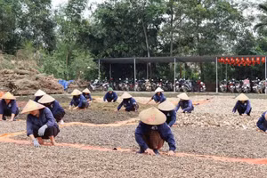 Bà con phơi dược liệu tại Hợp tác xã Sản xuất và Chế biến Dược liệu Nguyễn Thị Thái.