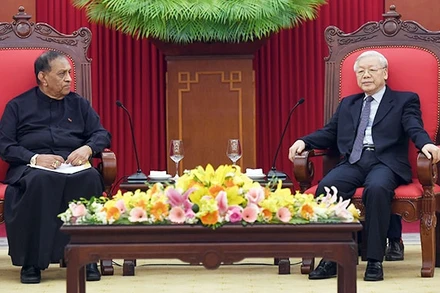 Tổng Bí thư Nguyễn Phú Trọng tiếp Chủ tịch Quốc hội Sri Lanka Karu Jayasuriya. Ảnh: TRỌNG HẢI