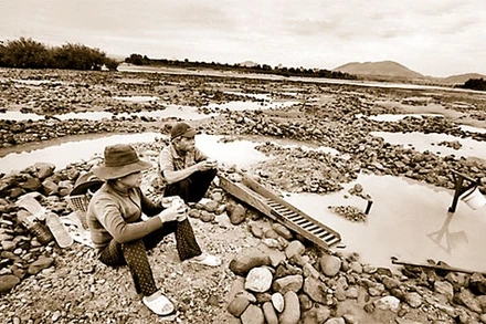 Một đoạn sông Ba sau đập thủy điện An Khê - Ka Nak đã trở nên cạn kiệt. Trong ảnh: Một cặp vợ chồng đãi cát tìm vàng giữa sông Ba đoạn thuộc địa phận thị trấn Củng Sơn, huyện Sơn Hòa, tỉnh Phú Yên. Ản