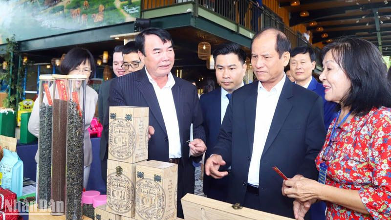 Tiến sĩ Phạm S (bên trái, hàng đầu) tại không gian triển lãm trà thuộc Chương trình tọa đàm kết nối giao thương ngành chè Quảng Châu (Trung Quốc) và Lâm Đồng, diễn ra tại thành phố Bảo Lộc, Lâm Đồng cuối tháng 9/2023.
