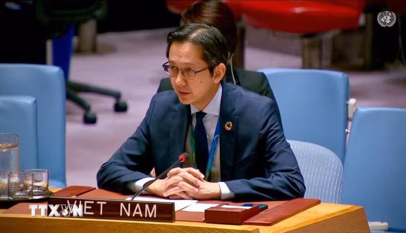 Đại sứ Đỗ Hùng Việt phát biểu tại phiên thảo luận của Hội đồng Bảo an Liên hợp quốc. (Ảnh: TTXVN)