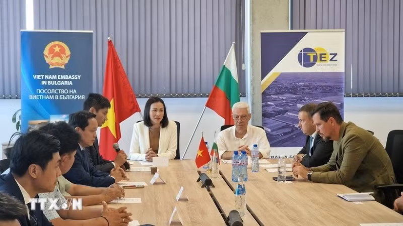 Đại sứ Nguyễn Thị Minh Nguyệt trao đổi, thảo luận với đại diện các bên tại buổi kết nối giao thương giữa doanh nghiệp Việt Nam và Bulgaria. (Ảnh: TTXVN)