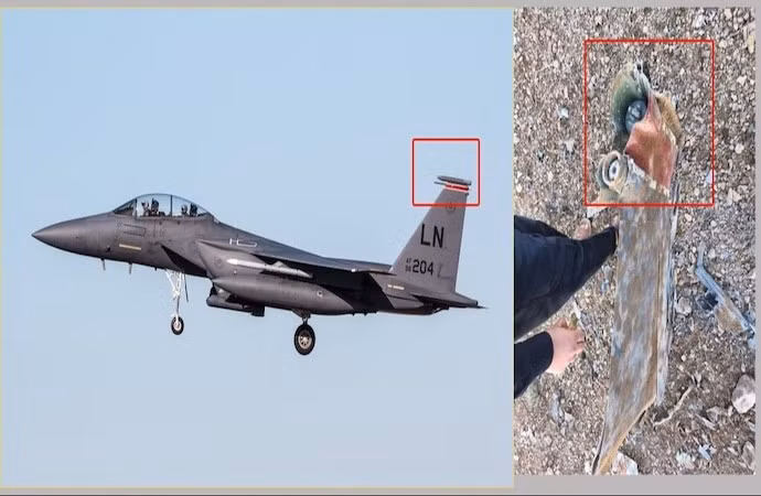 Bức ảnh mảnh vỡ máy bay bị IRGC bắn rơi trên bầu trời Iran vào ngày 3/4/2026 phù hợp với phần đuôi của tiêm kích F-15E Strike Eagle của Không quân Mỹ. (Ảnh: Telegram/TTXVN)