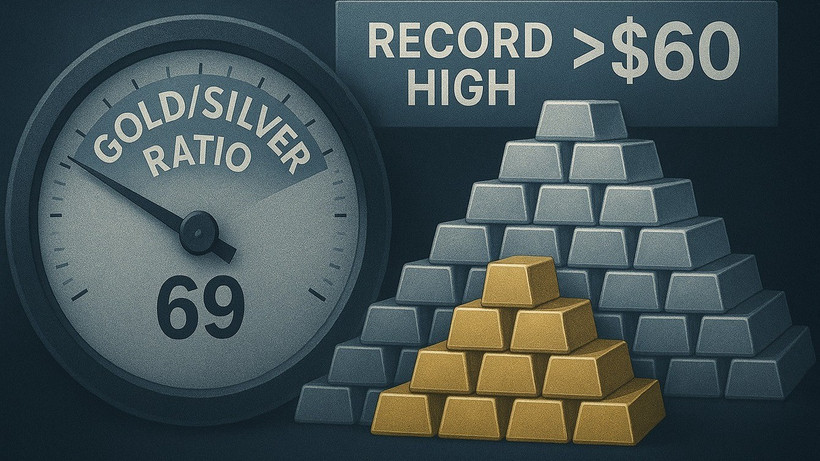 Giá bạc tiến sát 61 USD/ounce, đưa tỷ lệ vàng/bạc về mức 69 điểm. (Ảnh minh họa: kitco.com)