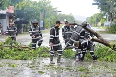 Cán bộ, chiến sĩ Trung đoàn Cảnh sát Cơ động Bắc Trung Bộ tích cực tham gia khắc phục hậu quả bão số 5.