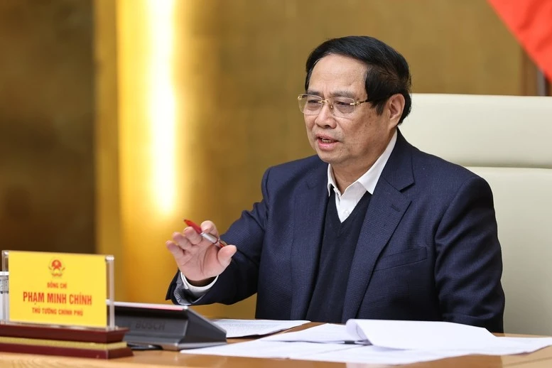 Thủ tướng Chính phủ Phạm Minh Chính chủ trì Hội nghị trực tuyến với các tỉnh, thành phố miền Trung về tình hình triển khai "Chiến dịch Quang Trung"- Ảnh: VGP/Nhật Bắc 