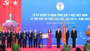 Phó Chủ tịch nước Võ Thị Ánh Xuân trao Huân chương Lao động hạng nhất tặng Tổng hội Y học Việt Nam (Ảnh LÊ ĐÔNG/TTXVN)