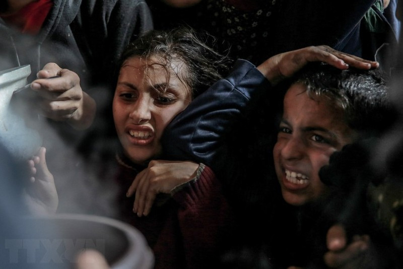 Trẻ em Palestine chờ nhận thực phẩm cứu trợ tại Beit Lahia, phía bắc Dải Gaza. (Ảnh: AFP/TTXVN)