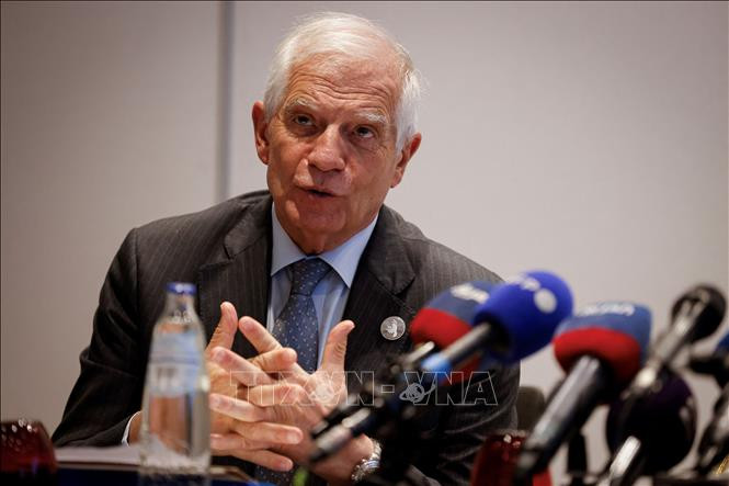 Đại diện cấp cao về chính sách an ninh và đối ngoại của Liên minh châu Âu (EU) Josep Borrell phát biểu tại cuộc họp báo ở Brussels, Bỉ ngày 26/5/2024. Ảnh: AFP/TTXVN