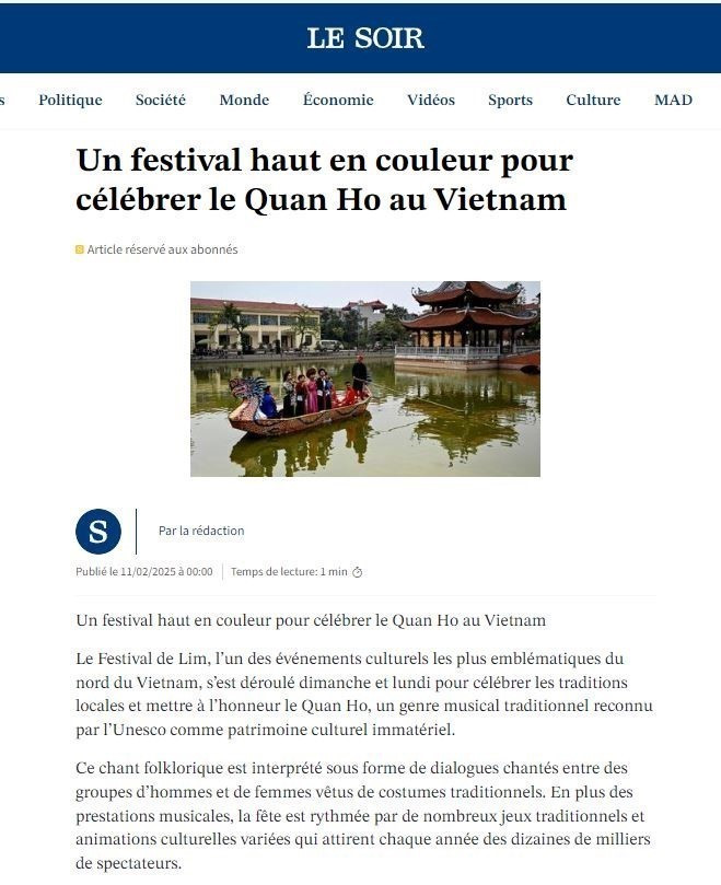 Bài viết "Lễ hội Lim rực rỡ sắc màu tôn vinh dân ca quan họ" đăng trên Báo "Le Soir" của Bỉ. (Ảnh: TTXVN phát)