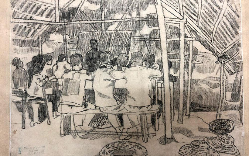 "Lớp 5 dưới lòng đât" - Ngô Tôn Đệ vẽ chì năm 1967. (Ảnh: Bảo tàng Mỹ thuật Việt Nam)