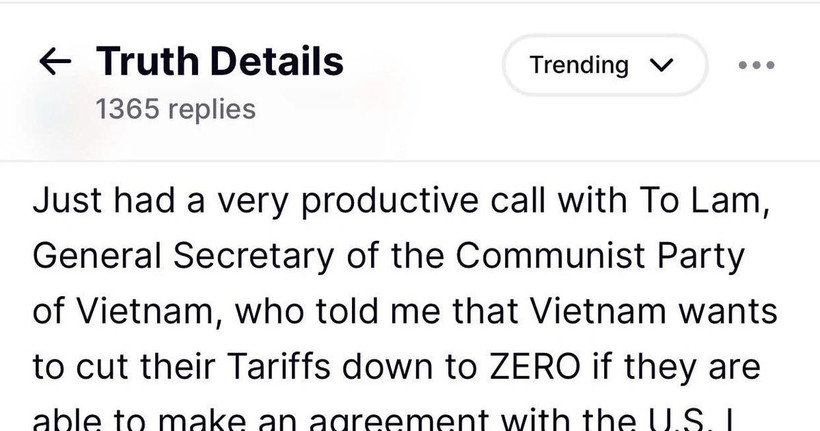 Ảnh chụp màn hình thông báo của Tổng thống Mỹ Donald Trump về cuộc điện đàm với Tổng Bí thư Đảng Cộng sản Việt Nam trên mạng xã hội Truth Social. (Ảnh: Ngọc Quang/TTXVN)