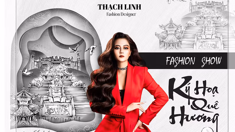 Nhà thiết kế Thạch Linh và poster show "Ký họa quê hương". (Ảnh: Nhà thiết kế cung cấp)