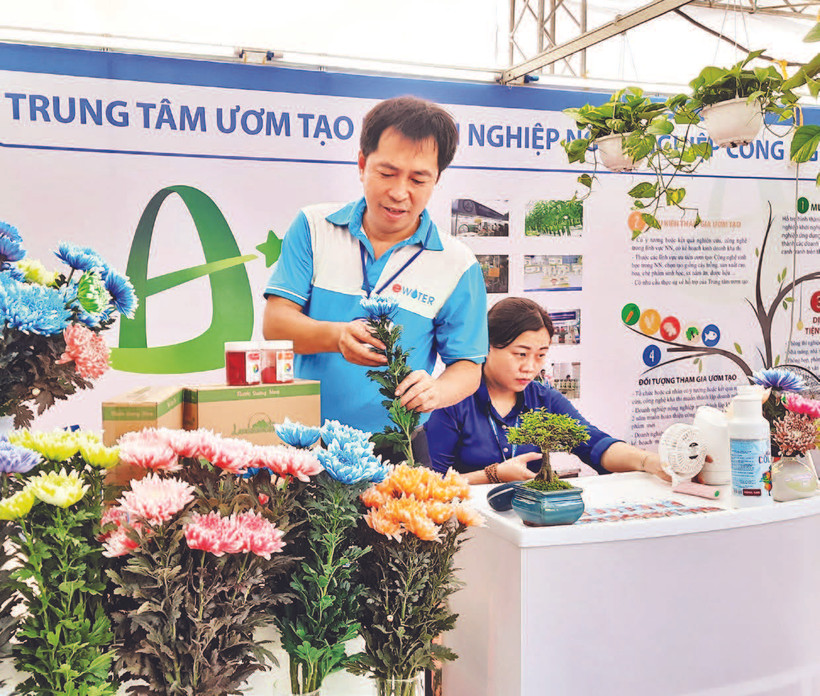 Anh Lê Trung Hiếu và các sản phẩm hoa tươi nhuộm mầu, hoa tươi sử dụng dung dịch ion đồng tại Hội chợ-Triển lãm giống, nông nghiệp công nghệ cao Thành phố Hồ Chí Minh năm 2022.