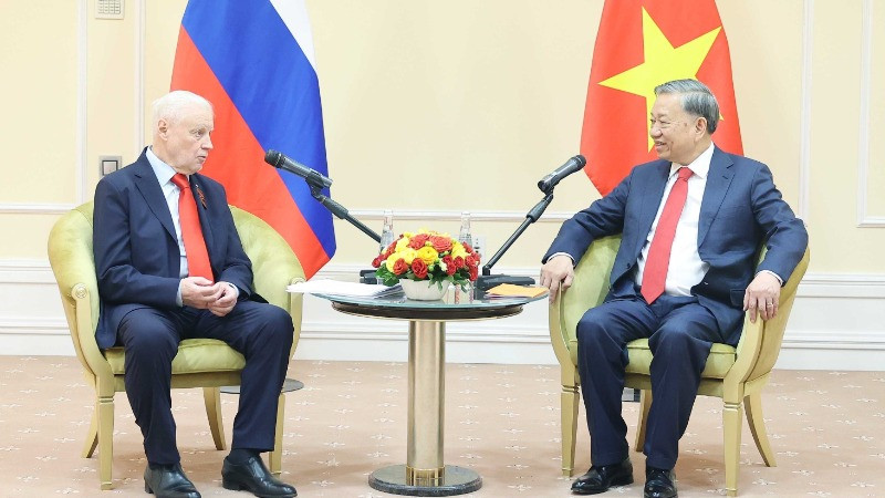 Tổng Bí thư Tô Lâm tiếp Chủ tịch Đảng "Nước Nga Công bằng-Những người yêu nước-Vì Sự thật" Sergey Mironov. (Ảnh: Thống Nhất/TTXVN) 