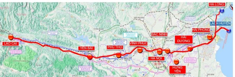 Hướng tuyến dự án đường sắt Lào Cai-Hà Nội-Hải Phòng.