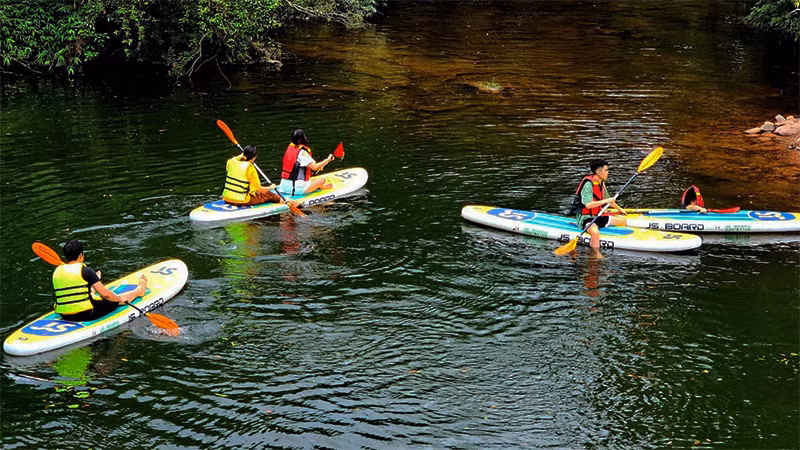 Du khách trải nghiệm chèo thuyền ở khu du lịch cộng đồng Kỳ Thượng, xã Kỳ Thượng, thành phố Hạ Long (tỉnh Quảng Ninh).