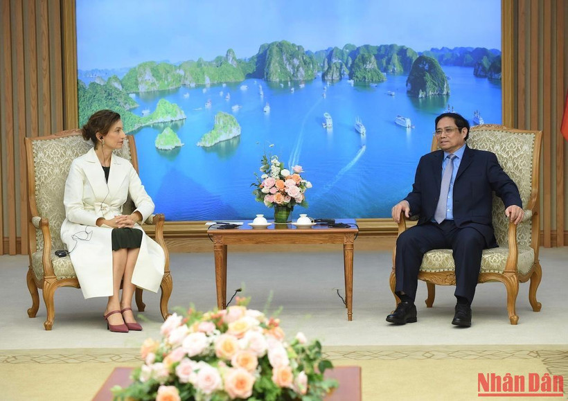 Thủ tướng Phạm Minh Chính tiếp Tổng Giám đốc UNESCO Audrey Azoulay. (Ảnh: TRẦN HẢI)