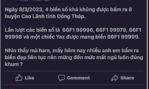 Thông tin lan truyền trên mạng xã hội về 4 biển số xe đẹp được cấp trong ngày 8/3/2023. 