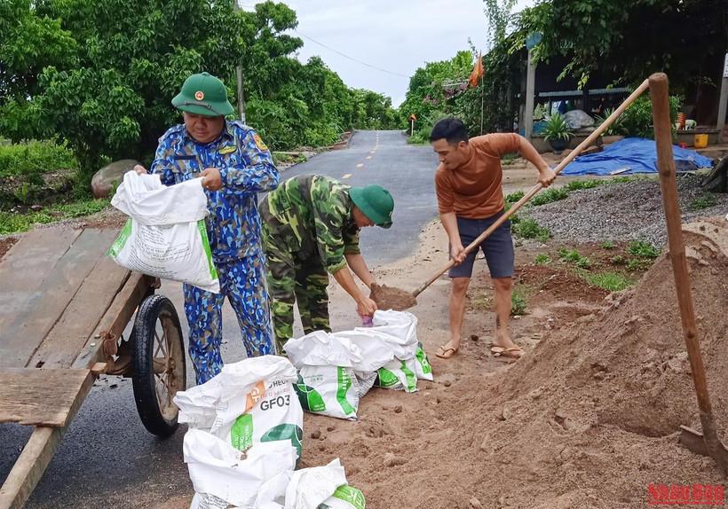 Bộ đội Biên phòng Đảo Cồn cỏ và các lực lượng chức năng giúp người dân tải cát chằng chống mái nhà.
