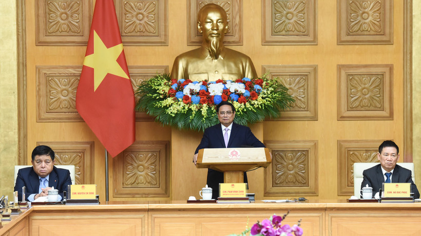 Thủ tướng Phạm Minh Chính phát biểu tại cuộc Toạ đàm với các doanh nghiệp Trung Quốc. 