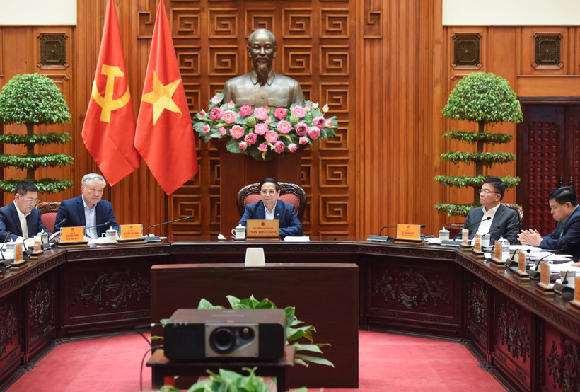 [Ảnh] Thủ tướng Phạm Minh Chính chủ trì cuộc họp về việc Hoa Kỳ áp thuế đối ứng lên hàng Việt Nam