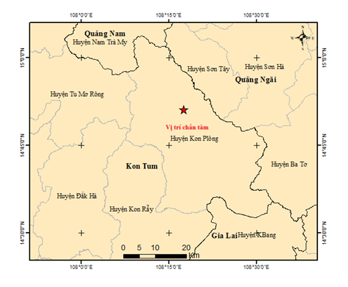 Bản đồ tâm chấn trận động đất thứ 4 trong sáng 31/3 tại huyện Kon Plông